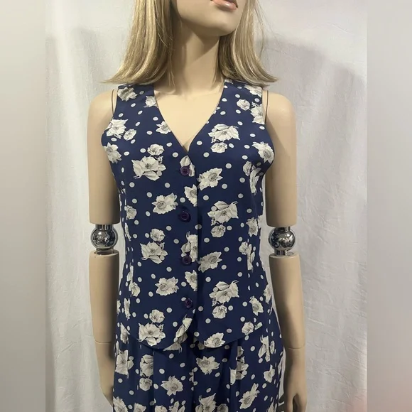 Vintage silk 2 piece Floral Navy set 4 - Picture 2 of 10